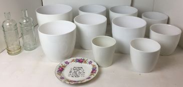 Thirteen items including ten white plant pot holders mainly by Scheurich Germany from 12cm to 21cm