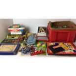 Thirty plus items mainly toys including red plastic box full of Lego,