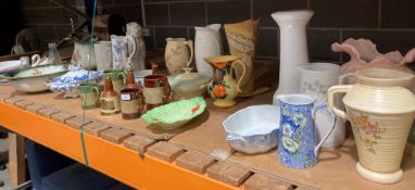 Remaining contents to rack - a good selection of pottery vases, jugs, dishes, mugs, etc.