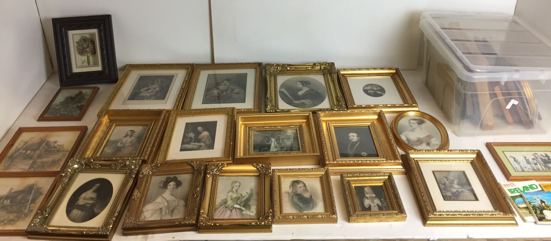 Thirty-eight items including fifteen gilt-framed Victorian prints including Queen Victoria and