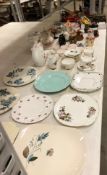Contents to rack - assorted jugs, plates, cups and saucers, brass fire tongs and shovel,