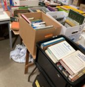 Contents to end of table, six boxes various books, jigsaw puzzles, prints, etc.