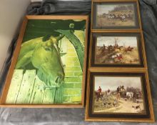 Four framed pictures including set of three gilt framed hunting prints 39 x 32cm signed G Wright,