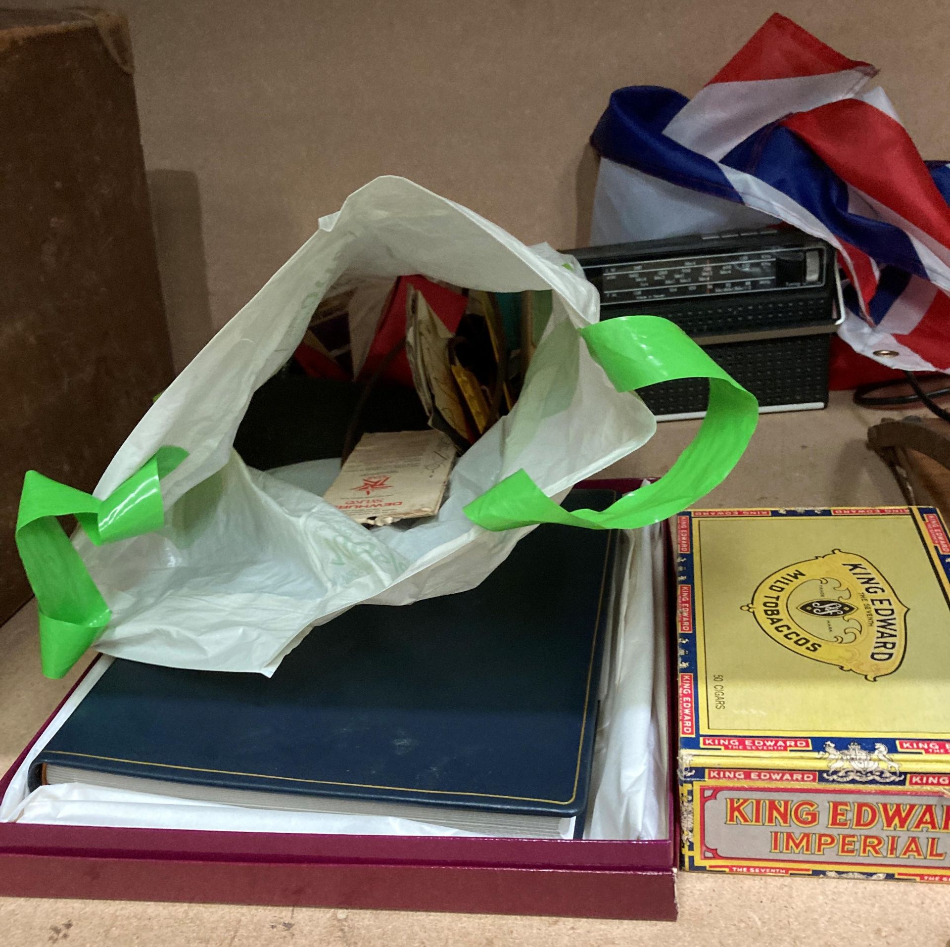 Contents to part shelf; brown fibre suitcase, portable radio, small guillotine, - Image 3 of 4