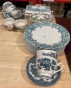 Blue and white patterned plates, cups, saucers,