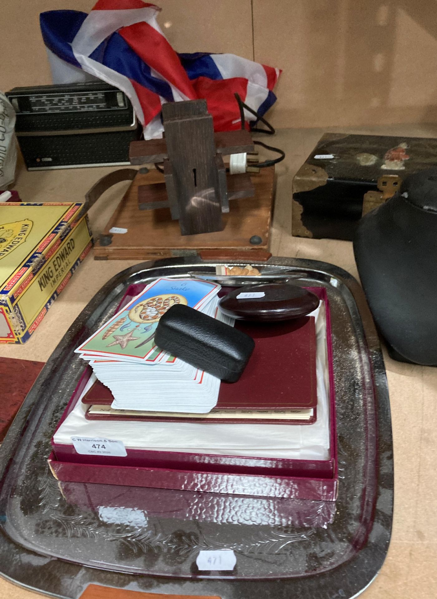 Contents to part shelf; brown fibre suitcase, portable radio, small guillotine, - Image 2 of 4