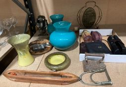 Contents to end of rack - two green glass vases, dinner gong, flat iron, metal novelty figure, etc.