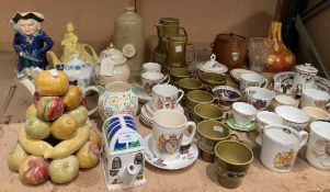 Contents to part of rack; Beswick green pattern part coffee set, teapots, character jug,