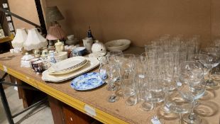 Contents to rack - assorted glassware, meat plates, ornaments, table lamps,