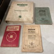 Four vintage vehicle manuals - The Morris Minor Workshop Manual issued by Morris Motors Ltd, Cowley,