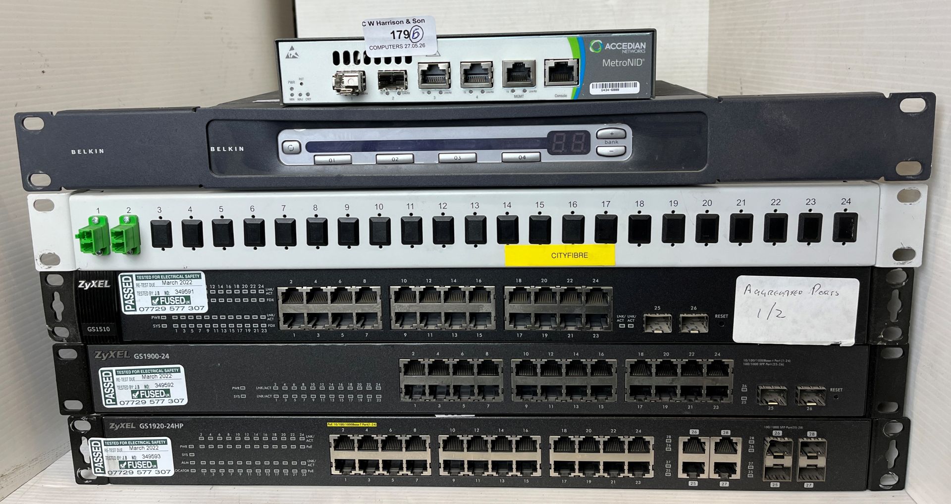 3 x ZyXEL 24 port network switches, Belkin Omniview server switch, TP-Link gigabit switch,