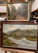 R Haderstein, framed oil on canvas 'River with bridge and hills in the background', 48cm x 75cm,