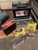 7 x assorted batteries including Yuasa Silver 5000 12v, Lion 12v car batteries,