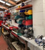 Contents to work bench top and wall - Wolf T66N double-headed grinder, battery charger,