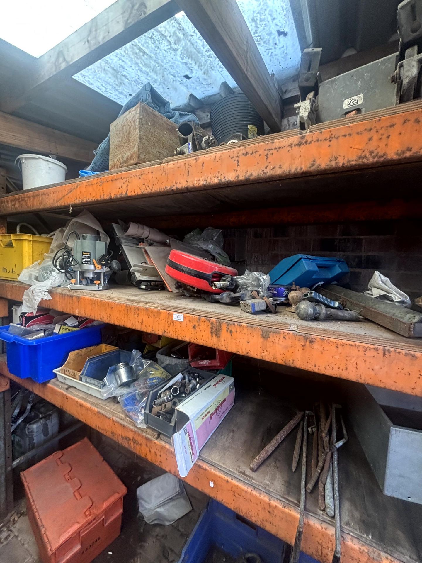 Contents to 3 x shelves - assorted hand tools, electric Power G router (240v), Britool sockets,