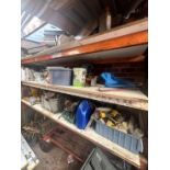 Contents to 3 x shelves - Elu chop saw, space heater, Worx and Makita pad sanders, staple gun,