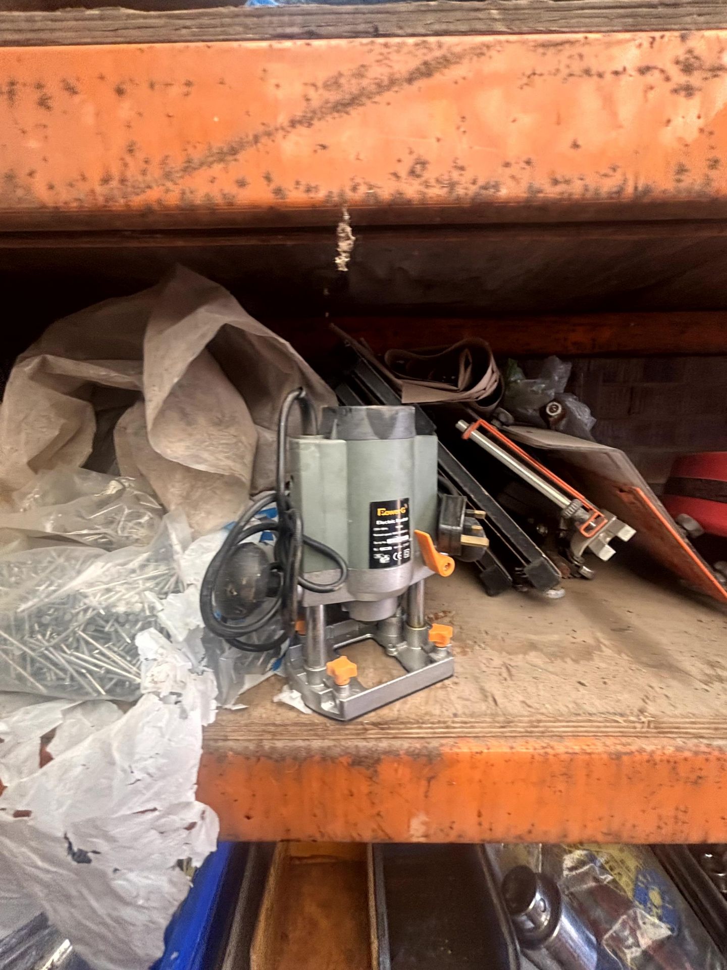 Contents to 3 x shelves - assorted hand tools, electric Power G router (240v), Britool sockets, - Image 7 of 13