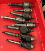 8 x assorted milling chucks including Myford keyless, one other keyless chuck,