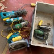 5 x assorted 110v power tools - Makita 10mm angle drill, JR300 reciprocating saw, circular saw,