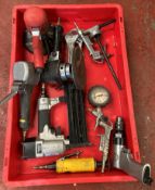 9 x assorted pneumatic items including a drill, tacker, sander/polisher, air spray,