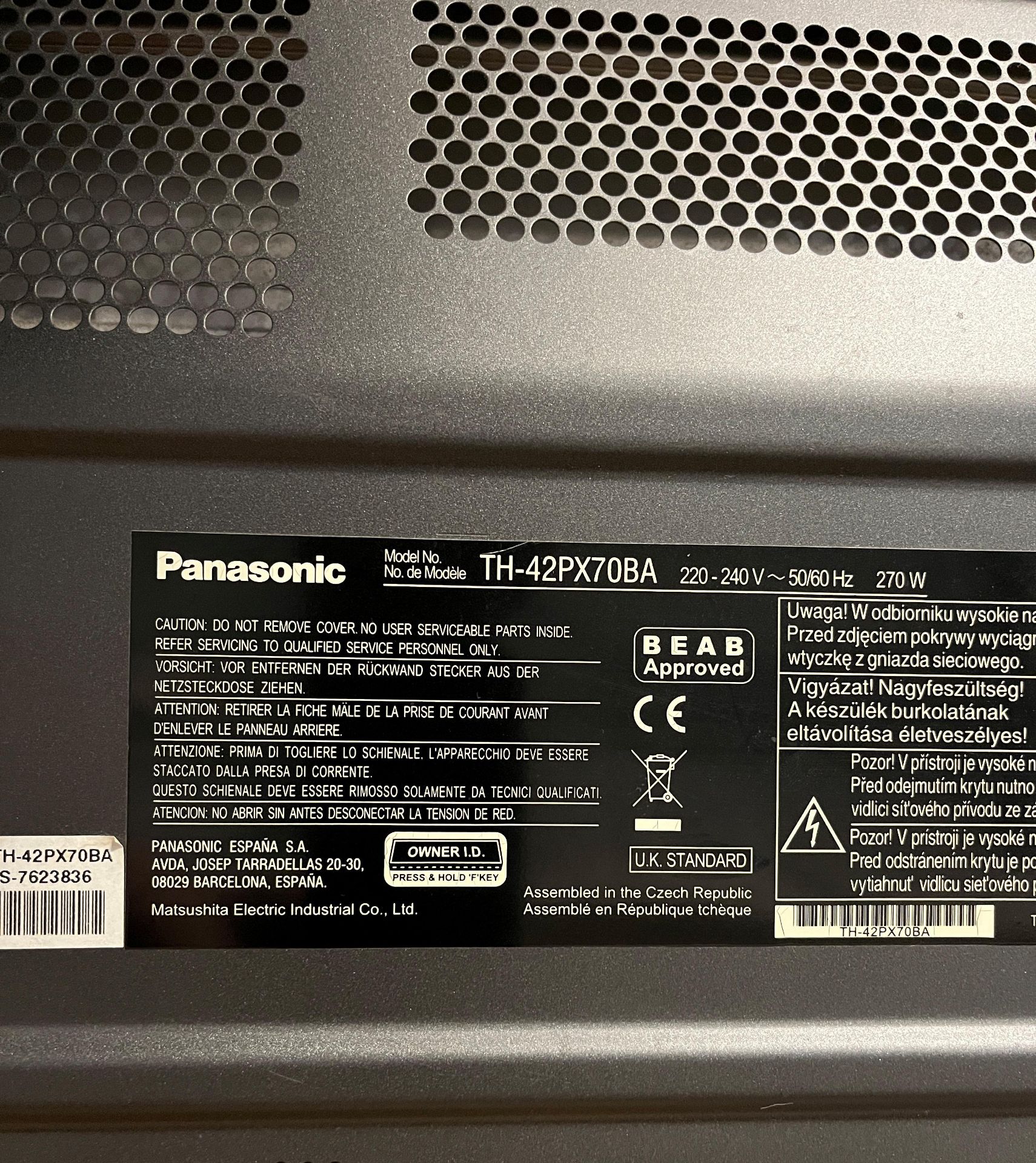 Panasonic 42" TV model no: TH-42-PX-70-BA complete with remote (please note: no power lead) (CWH