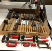 30 x wood carving chisels and clamps,