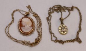 Two 9ct gold chains with pendants including cameo and clear stone,