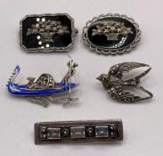 Five assorted silver hallmark brooches including vintage enamel gondolier brooch,