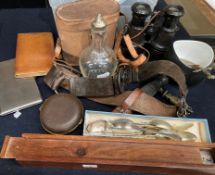 A pair of vintage leather bound binoculars, EPNS spoons,