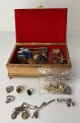 A vintage art jewellery box with painted centre panel and contents - including silver hallmark