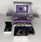Contents to Indian silver tone jewellery box including assorted gold tone earrings, bangles, brooch,