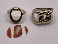 A gold broken cameo ring (hallmark worn) and a white and gold-tone link ring (CWH Ref: GC2)