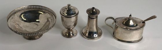 Four silver hallmark items - bon bon dish on footed base, salt & pepper pots,