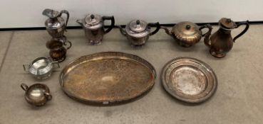 Nine assorted silver-plate items - including oval tray, tea and coffee pots, sugar bowls,