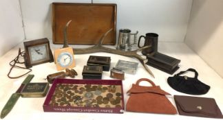 Twenty items - stag's antler 60cm long, two tankards, three ladies small bags,