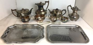 Twelve plated items - four and a three piece silver plated tea set,