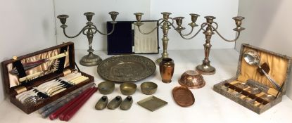 Twenty plus items - three three-arm plated candelabras (including a matching pair),