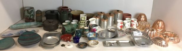Sixty items - six metal jelly moulds, studio pottery, two ceramic casseroles,
