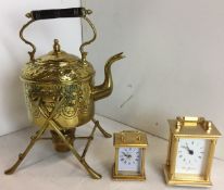 Three items - brass spirit kettle on stand 31cm high,