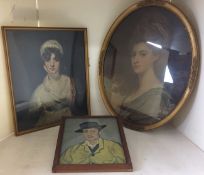 Three framed prints of portraits - 18th century Lady in a blue dress with a high hair style in oval