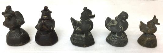 Five Burmese bronze mythical duck shaped opium weights from 55 to 45mm high (CWH Ref: K13 in box