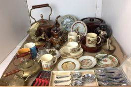Thirty plus items - copper and brass kettle 31cm high, Royal Doulton Bunnekins mug,