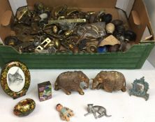 One hundred plus items including a pair of brass elephants 8cm high, cloisonne match box holder,