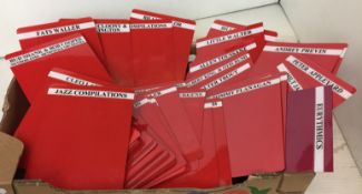 Double-sided index labels of music artists and genres on red card 16 x 13cm (CWH Ref: T12 in box)