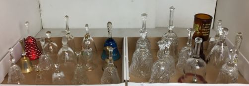 Twenty-seven mainly glass bells (from 7 to 23cm high) - brown Welsh "Ring for Another Drink",