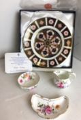 Four pieces of Royal Crown Derby - Imari pattern boxed Yorkshire Rose plate 22cm diameter,