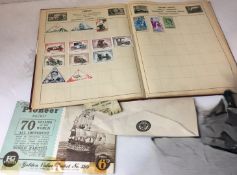 A collection of overseas stamps in stamp album, two pewter and a silver-plated tankard,
