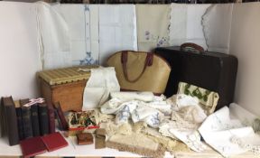 Forty plus items - six tablecloths, Watajoy London vintage maroon leather and material bag 31x 40cm,