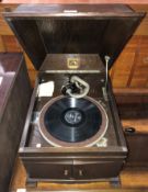 A vintage His Masters Voice (HMV) table top gramophone,
