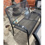 A black metal framed bench, 120cm long,